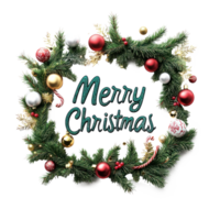 BOLD text Merry Christmas in Christmas style 3D rendering, shape of christmas fir branches decorated with garland and baubles isolate on transparent background png