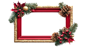 Christmas gold and red photo frame with christmas decoration isolate on transparent background png