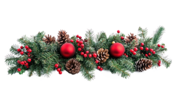 Christmas border frame green fir with pine tree, red balls and berries, cones and candies isolate on transparent background png