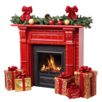 Christmas Fireplace with red and gold gifts decoration items isolate on transparent background png