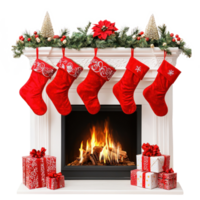 Christmas fireplace with red stockings gifts and decorations front view isolate on transparent background png