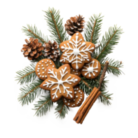 Christmas pine with frosted sugar cookies and cinnamon and fir branch top view isolate on transparent background png