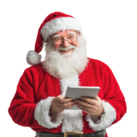 Smiling Santa Claus using digital tablet, standing isolate on transparent background png
