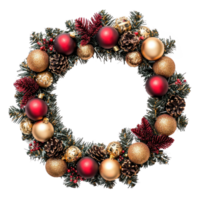 Decorative festive wreath with red and golden christmas ornaments isolate on transparent background png