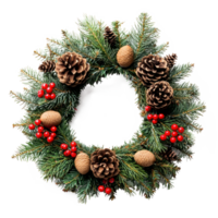 Christmas wreath with pine cones, red berries and acorns isolate on transparent background png
