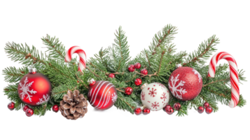Christmas border bunch of pine branches, candy canes and christmas ornaments isolate on transparent background png