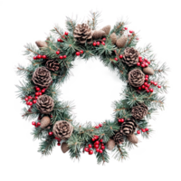 Christmas wreath with pine cones, red berries and acorns isolate on transparent background png