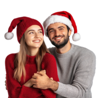 Happy young couple celebrate Christmas side view isolate on transparent background png