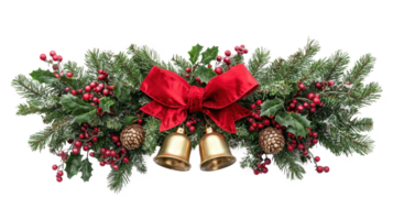 Christmas pine and holly swag with big red ribbon and two gold bells isolate on transparent background png