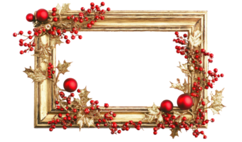 Christmas gold and red photo frame with christmas decoration isolate on transparent background png