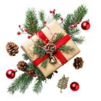 Christmas gift box with barble and jingle bell with fir branch isolate on transparent background png