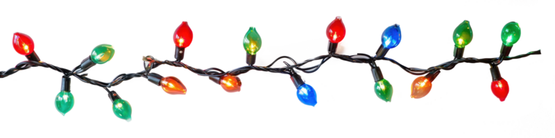 A string of colorful Christmas lights hanging isolate on transparent background png