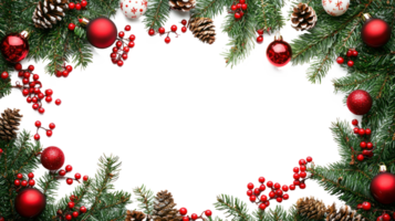 Christmas border frame green fir with pine tree, red balls and berries, cones and candies isolate on transparent background png