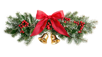 Christmas pine and holly swag with big red ribbon and two new shiny gold bells isolate on transparent background png