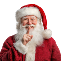 Smiling Santa Claus with finger on lip gesture isolate on transparent background png