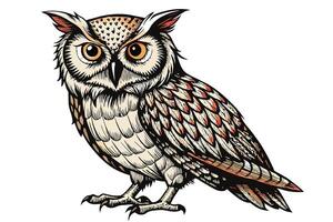 A detailed illustration of an owl perched on a branch showcasing its unique feathers and striking eyes in a natural setting vector