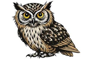 A detailed illustration of a majestic owl perched quietly, showcasing its distinctive features and intense gaze, set against a simple background vector