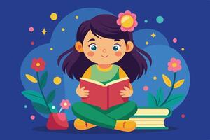 A young girl reading a book surrounded by colorful flowers and books in a cheerful, whimsical setting vector