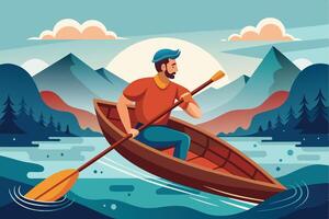 A man paddles a canoe across a serene lake surrounded by mountains during a calm morning vector