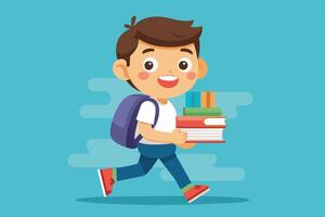 A smiling young boy carrying a stack of colorful books while walking with a backpack on a bright, clear day vector