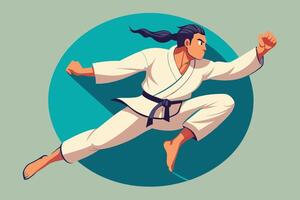 Martial artist performing a dynamic kick while wearing a traditional karate uniform in a stylized graphic design vector