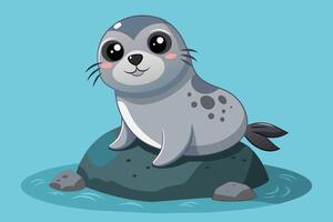 Cute cartoon seal sitting on a rock in a tranquil blue ocean, enjoying a sunny day with a playful demeanor vector