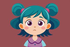 A girl with teal hair and expressive eyes looking curious, front view, set against a simple maroon background vector