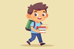 Young boy happily carrying books while walking to school with a backpack in a cheerful and bright setting vector
