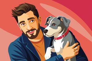 A man holds a friendly gray and white dog, both joyfully displayed against a vibrant backdrop, highlighting their bond vector