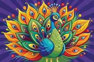 Colorful peacock displaying its vibrant feathers in a lively tropical setting during bright daylight hours vector