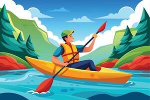 A person kayaking on a calm river surrounded by trees and mountains, enjoying a sunny day in nature vector