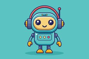 A cheerful cartoon robot character with a friendly face, blue body, and headphones on a simple green background vector