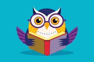 Colorful cartoon owl reading a book while sitting against a bright blue background, embodying curiosity and knowledge on a sunny day vector