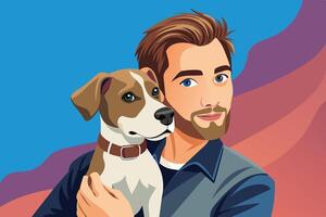 A man holds a friendly dog while posing happily against a colorful background in a cheerful outdoor setting vector
