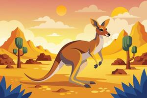 Kangaroo hops through a vibrant sunset landscape in the Australian outback with distant mountains and desert vegetation vector