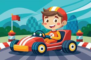 A young boy enjoys driving his go-kart on a racetrack surrounded by colorful flags and cheering spectators in a bright, sunny setting vector