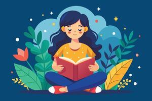 A girl reading a book while sitting cross-legged in a lush garden surrounded by colorful plants and whimsical clouds on a sunny day vector