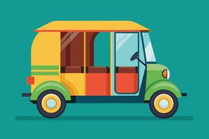 Colorful auto rickshaw parked on a turquoise background showcasing its vibrant design and unique structure during the daytime vector