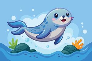 A happy cartoon seal swims playfully in bright blue waters, surrounded by colorful seaweed and bubbles on a sunny day vector