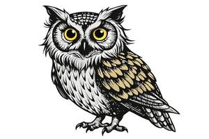 A detailed illustration of a wise owl perched on a branch, showcasing its striking yellow eyes and intricate feather patterns vector