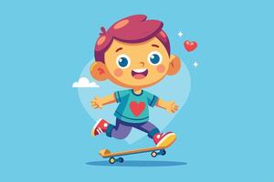 A cheerful young boy skateboarding joyfully with a big smile, set against a bright blue background with playful hearts and clouds vector
