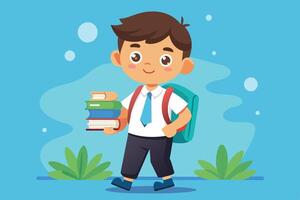 A young schoolboy carrying books and wearing a backpack walks through a colorful background on his way to class vector