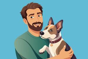 A smiling man in a green shirt holds a happy dog against a blue background, capturing a joyful moment of companionship and affection between them vector