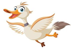 Happy cartoon duck flying through the air with a cheerful expression and flapping wings in a fun animated style vector