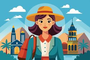 A woman wearing a hat and a backpack enjoys her adventure in a vibrant landscape featuring mountains, palm trees, and colorful buildings vector