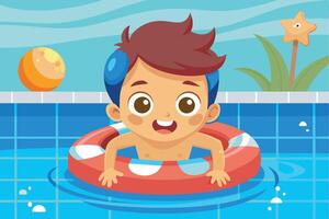 Happy child enjoying a summer day in a pool with a colorful float and toys in the background during daytime vector