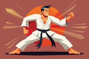 A martial artist demonstrating a powerful stance in front of a large orange sun, showcasing strength and determination during a training session vector