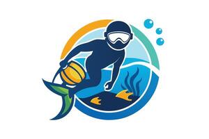 A scuba diver exploring underwater life with marine plants and fish, capturing the beauty of the ocean on a sunny day vector