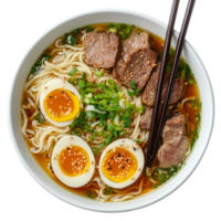 Savory ramen bowl with soft boiled eggs and beef png