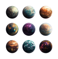 Diverse celestial bodies with unique textures png